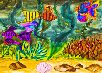 Fishes in water, watercolor