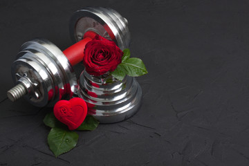 Valentines sports background with dumbbell, rose and heart box.