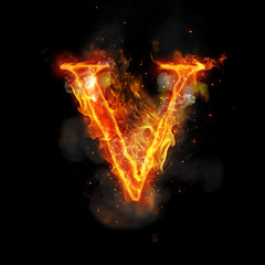 Fire letter V of burning flame light