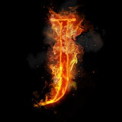 Fire letter J of burning flame light