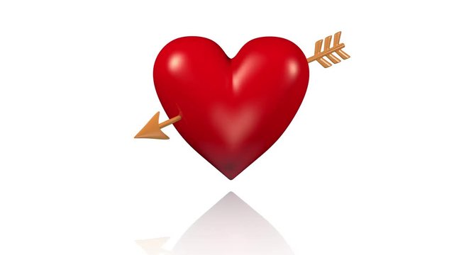 One Big Red Heart with a Golden Arrow Turning with White Background
