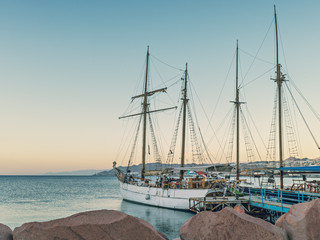 Anchored pleasured yachts at central marina of Eilat - number one resort city in Israel