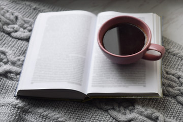 Cozy home still life: cup of hot coffee and opened book with warm plaid on windowsill against snow landscape outside. Winter holidays, Christmas time concept, free copy space