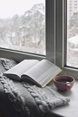 Cozy home still life: cup of hot coffee and opened book with warm plaid on windowsill against snow...