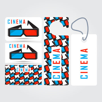 Cinema 3d corporate concept identity template set. Business stationery mock-up. Branding design. Letter envelope, card, banner, label, pen, pencil, badge,  letterhead. Vector illustration.