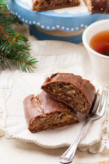 chocolate strudel with ricotta and pears.