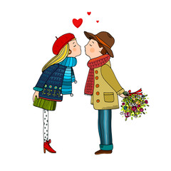 Fototapeta na wymiar Couple kissing, Valentines day greeting card, hand drawn vector illustration
