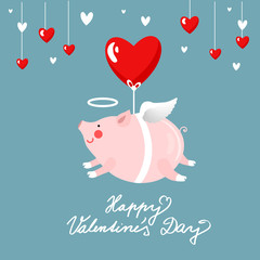 Flying pig with hearts, Valentines day greeting card, vector illustration