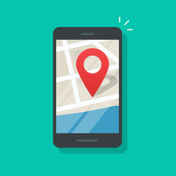 Mobile phone geo location, smartphone gps navigator city map and pin road pointer, roadmap direction, idea of quest game route, found location vector illustration isolated on color background
