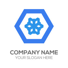 Blue hexagonal with flower in the center logo