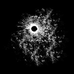 Shattered and broken glass pieces with hole isolated on black background. scattered glass.