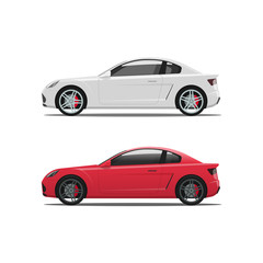 Car side view, auto vector set isolated on white background, white and red cars icons, coupe automobiles flat style