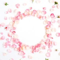 Naklejka na ściany i meble Frame made of pink roses petals on white background. Flat lay, top view. Valentine's background