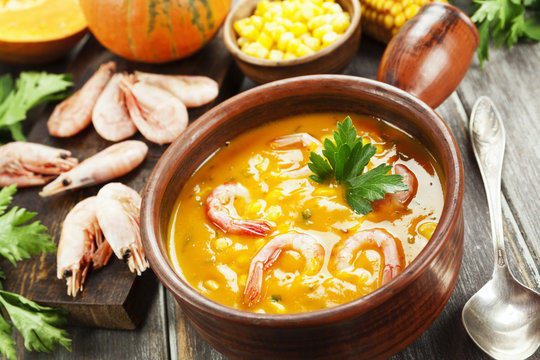 Pumpkin soup-puree with shrimp
