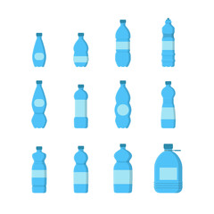 Cartoon Plastic Blue Bottles for Water Set. Vector