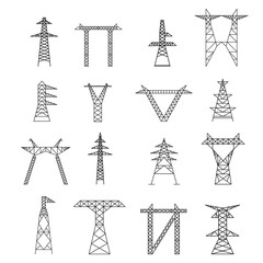 Silhouettes of High Voltage Electric Post Icon Set. Vector