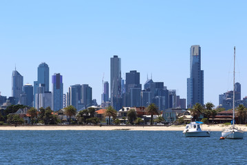 Fototapeta na wymiar St Kilda Pier with Melbourne city background
