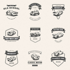 Set of classic car logo, emblems, badges. Service car repair, car restoration and car club design elements. Vector illustration