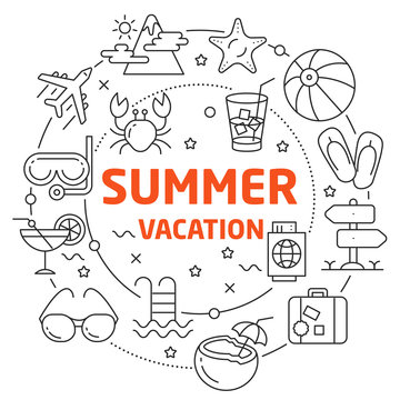 Vector Line Art Illustration in Flat styles summer vacation