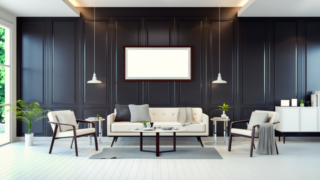 modern contemporary room interior ,white sofa,cabinet ,table on white floor and black wall and  mock up frame ,3d rendering