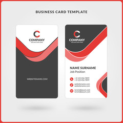 Vertical Double-sided Business Card Template. Red and Black Colors. Flat Design Vector Illustration. Stationery Design
