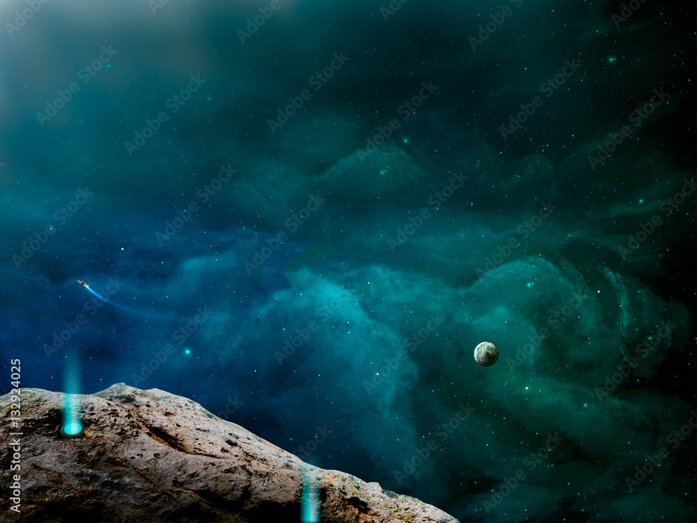 Canvas Prints space background. asteroid in colorful green nebula with planet. elements furnished by nasa. 3d rend