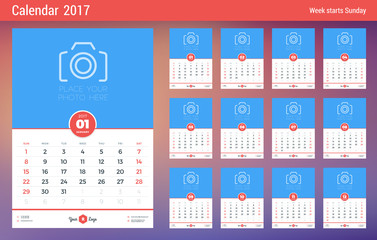 Wall Calendar Planner Template for 2017 Year. Week Starts Sunday. Set of 12 Months. Place for Notes and Photo. Stationery Design. Vector Calendar Template