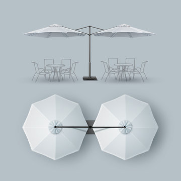 Vector White Blank Patio Double Outdoor Beach Cafe Bar Pub Lounge Restaurant Round Umbrella Parasol for Branding Top Side View Mock up Close up Isolated on Background