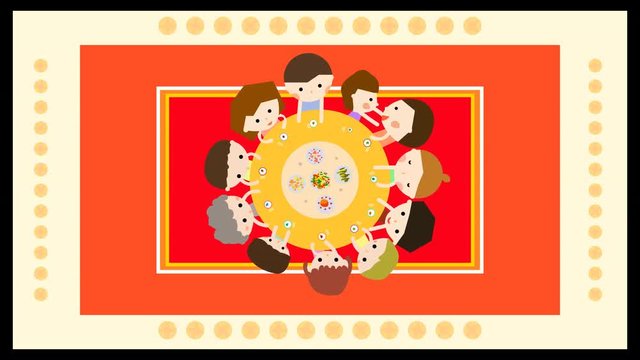 4K cartoon animation footage video clip of Happy Chinese New Year Eve celebration, Spring Festival event party. Family reunion dinner, holiday feast, delicious traditional food. Cute character talking
