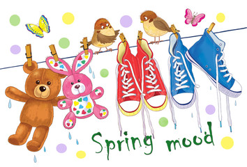 Fototapeta premium Two pairs of sneakers hanging on the rope and cute sparrows. Illustration for children