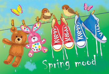 Obraz premium Two pairs of sneakers hanging on the rope and cute sparrows. Illustration for children