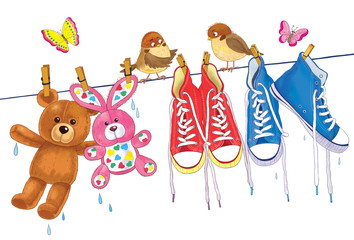 Two pairs of sneakers hanging on the rope and cute sparrows. Illustration for children