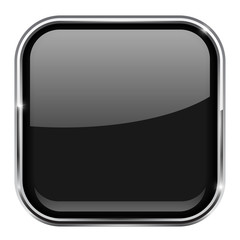 Black square button. Shiny 3d icon with metal frame