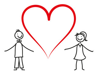 Einladung zur Hochzeit, Heirat, Trauung, Vermählung - Verliebtes Paar mit Herz, Strichfigur