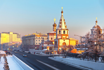 Irkutsk. Epiphany Cathedral in the sunset light in January frosts