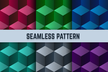 Vector set of seamless patterns. Isometric cubes dotted different colors.