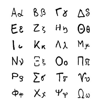 Doodle greek alphabet letters. Hellenic hand drawn vector font