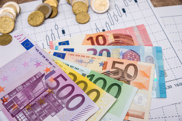 Forex market black candlesticks with euro bills and calculator.