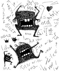 Grunge dreadful horrible monster fun character hand drawn monochrome design © Popmarleo