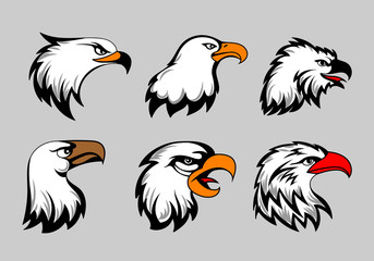 Bald eagle mascot heads vector illustration. American eagles head set for logo and labels
