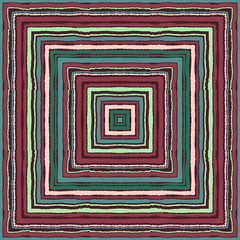 Striped rectangle pattern. Square lines with torn paper effect. Ethnic background. Maroon, turquoise, green, cream colors. Vector