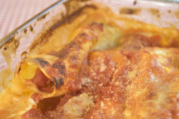 detail of baked cannelloni with ragout sauce