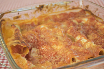 homemade cannelloni in baking tray