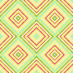 Striped diagonal rectangle seamless pattern. Square rhombus lines with torn paper effect. Ethnic background. Yellow, pink, orange, green, white colors. Vector