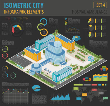 Flat 3d isometric clinic complex and city map constructor elemen