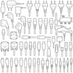 Cable wire and electric plug collection - vector line illustration 