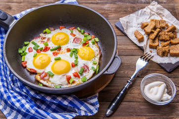 Fred eggs in pan with tomatoes and green fresh onion.
