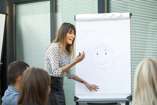 Businesswoman in workshop drawing human face on flipchart