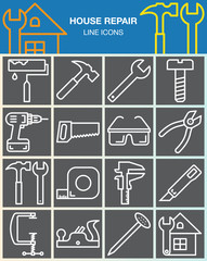 House repair and construction line icons set. Hand tools for home renovation outline vector symbol collection, linear white pictogram pack isolated on gray. Signs, logo illustration