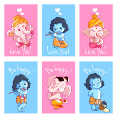 Set of cute cards with Krishna and Ganesha.